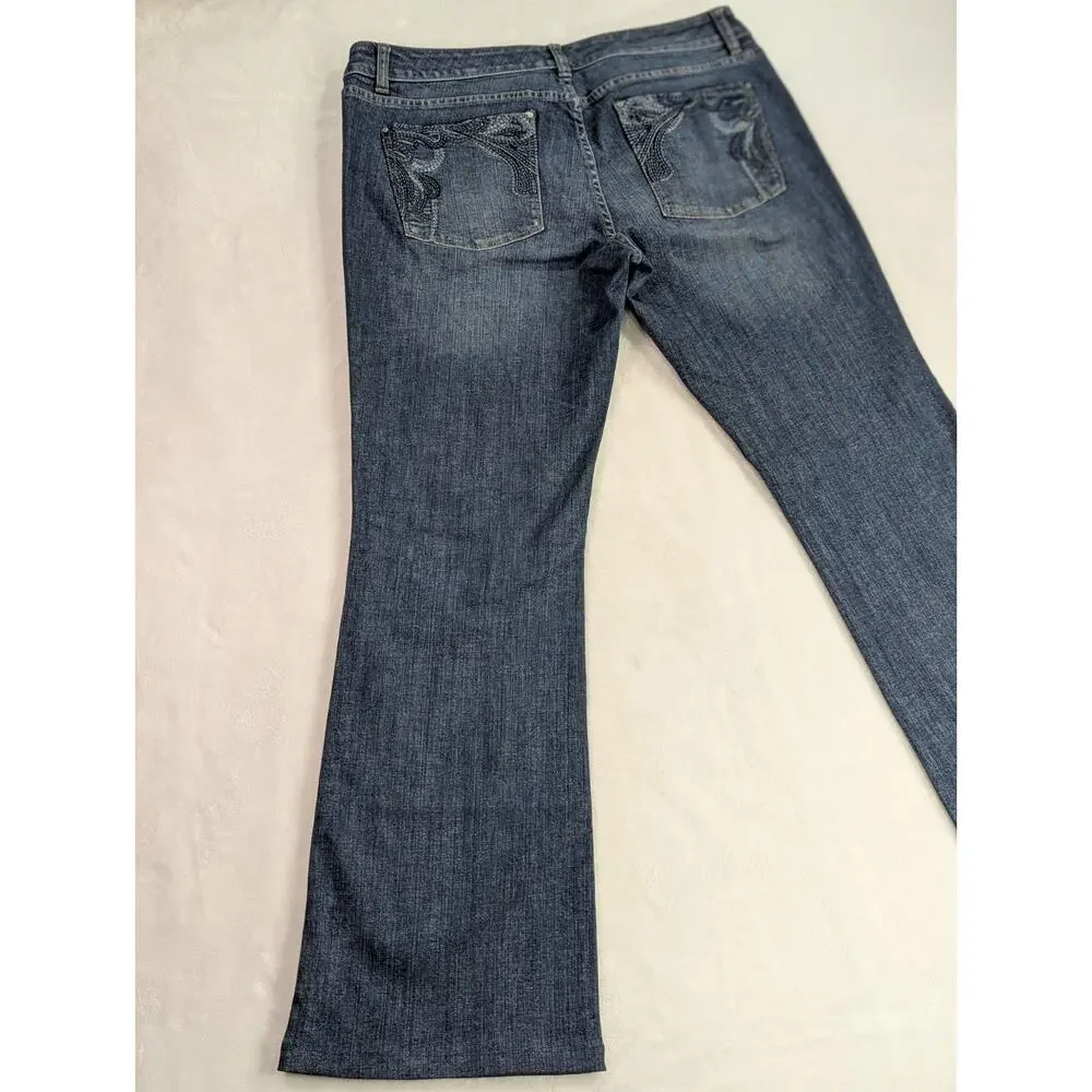 White House Black Market Blanc Bootcut Jeans 12R Blue Embroidered Pockets WHBM